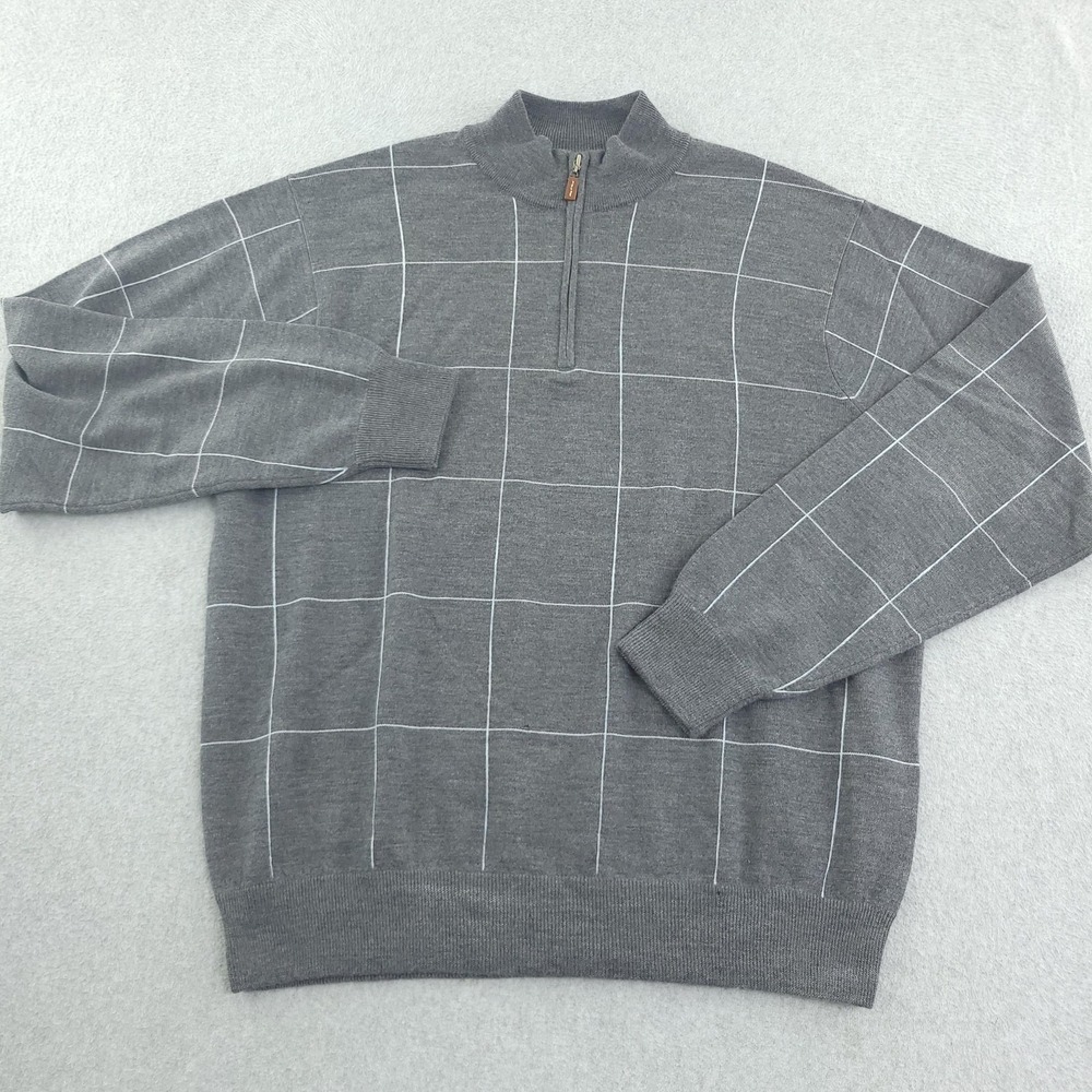 Peter Millar Sweater Mens XL Gray Merino Wool 1/4 Zip Mock Neck Pullover Check - Picture 2 of 12